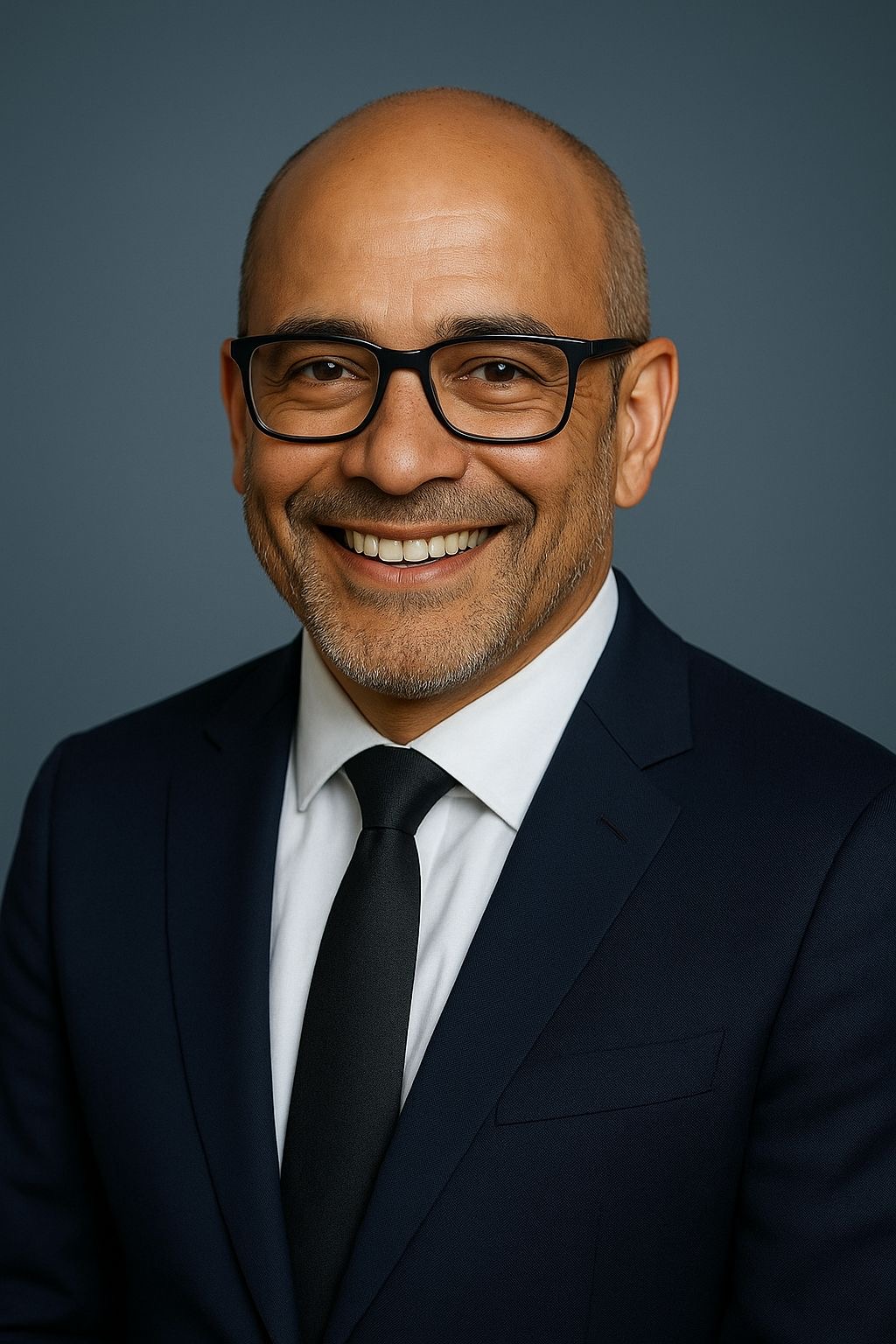 Portrait professionnel d'un membre de l'équipe avec lunettes en costume noir et cravate sur fond bleu